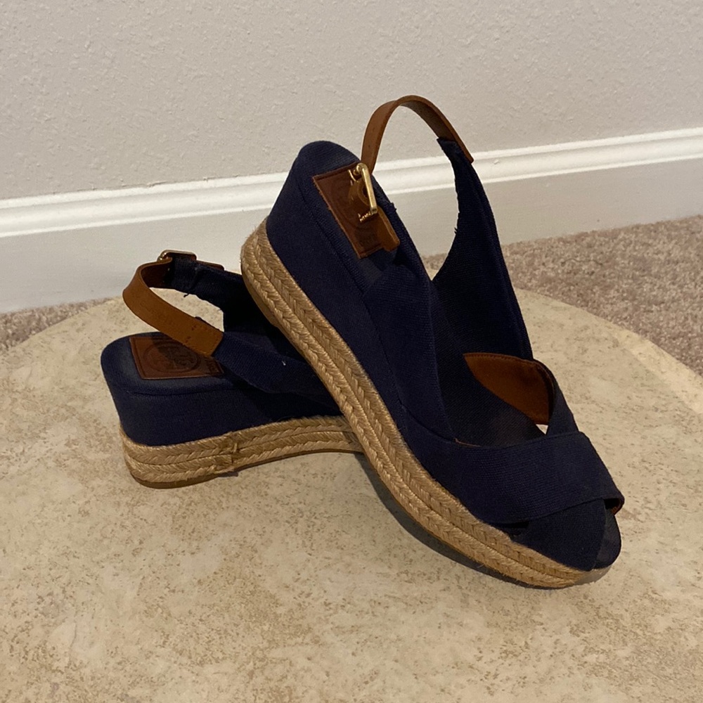 Tory Burch Blue Peep Toe Espadrille Wedge Pump Mya